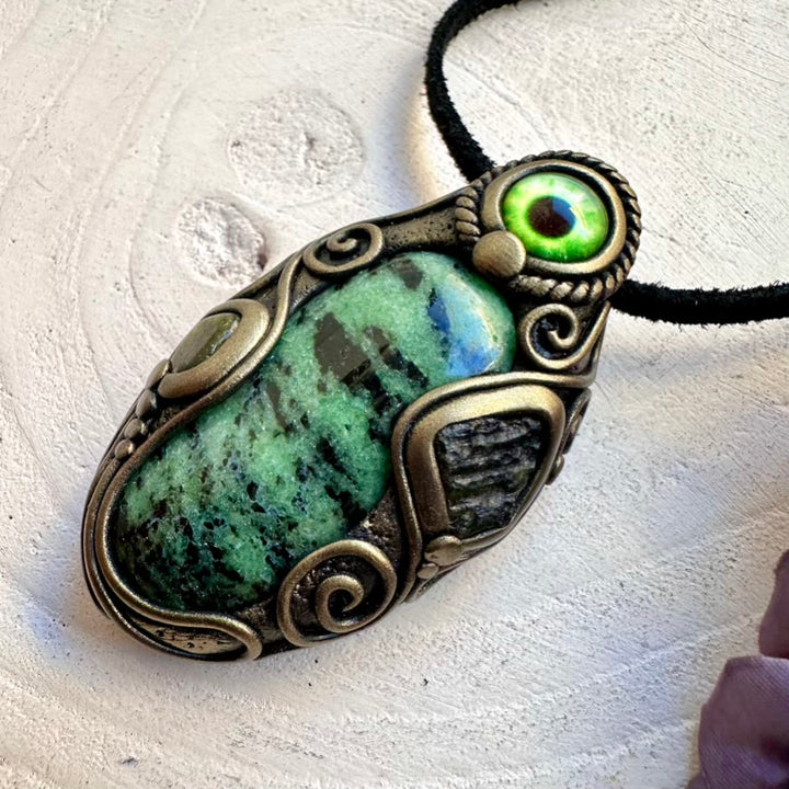 Protective Green Moldavite crystal with heart-strength Zoisite and calming Green Tourmaline eye talisman, artisan handmade spiritual necklace.