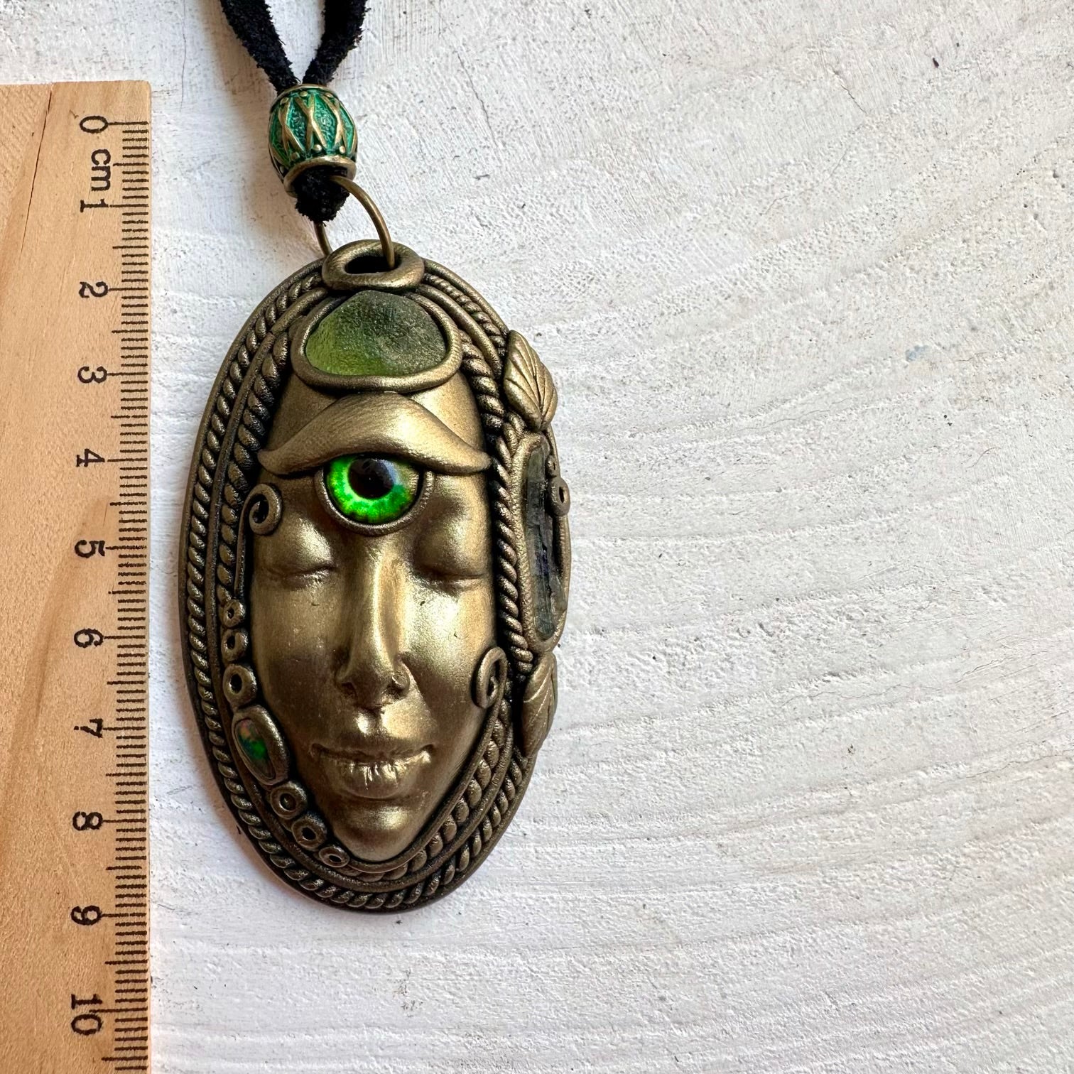 Handmade Third Eye Goddess necklace featuring Peridot, Moldavite and Black Ethiopian Opal.