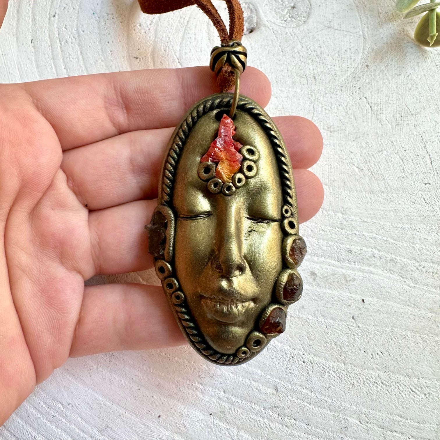 Crystal jewelry with Vanadinite, Moldavite and Hessonite Garnet in an artisan Goddess design.