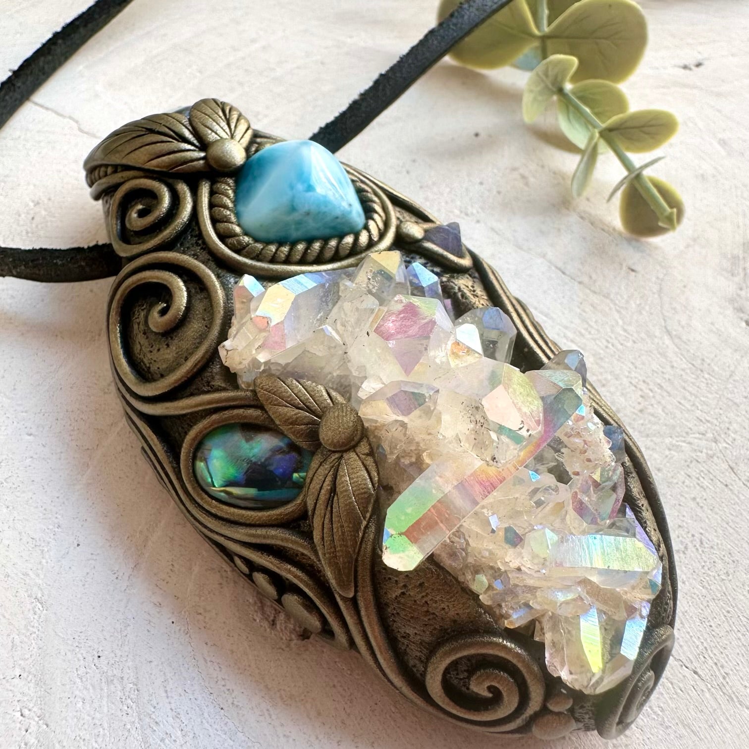 Statement crystal pendant featuring an Angel Aura Quartz Cluster with Larimar and Abalone Seashell.