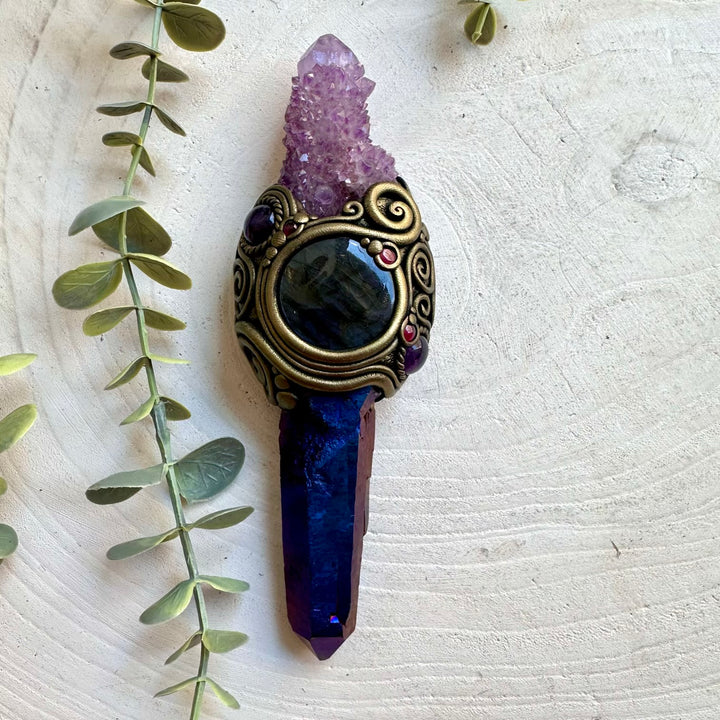 Spiritual energy wand combining Cobalt Aura Quartz, Amethyst and Rhodolite Garnet in a handcrafted clay setting design.