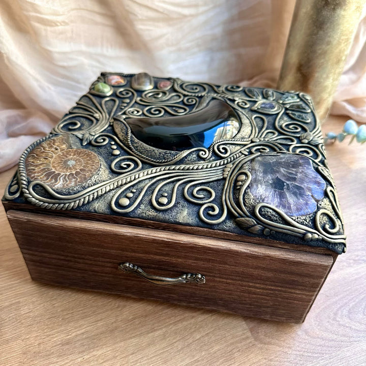 Spiritual home decor wooden box featuring Black Obsidian Moon and crystals