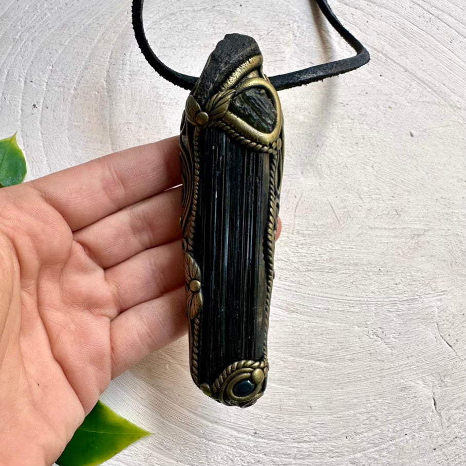 Black Tektite and Moldavite Pendant – Energy Wand for Emotional Protection