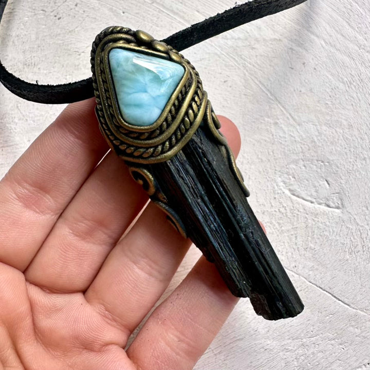 Larimar and Black Tourmaline Crystal Necklace – Handmade Healing Jewelry for Protection