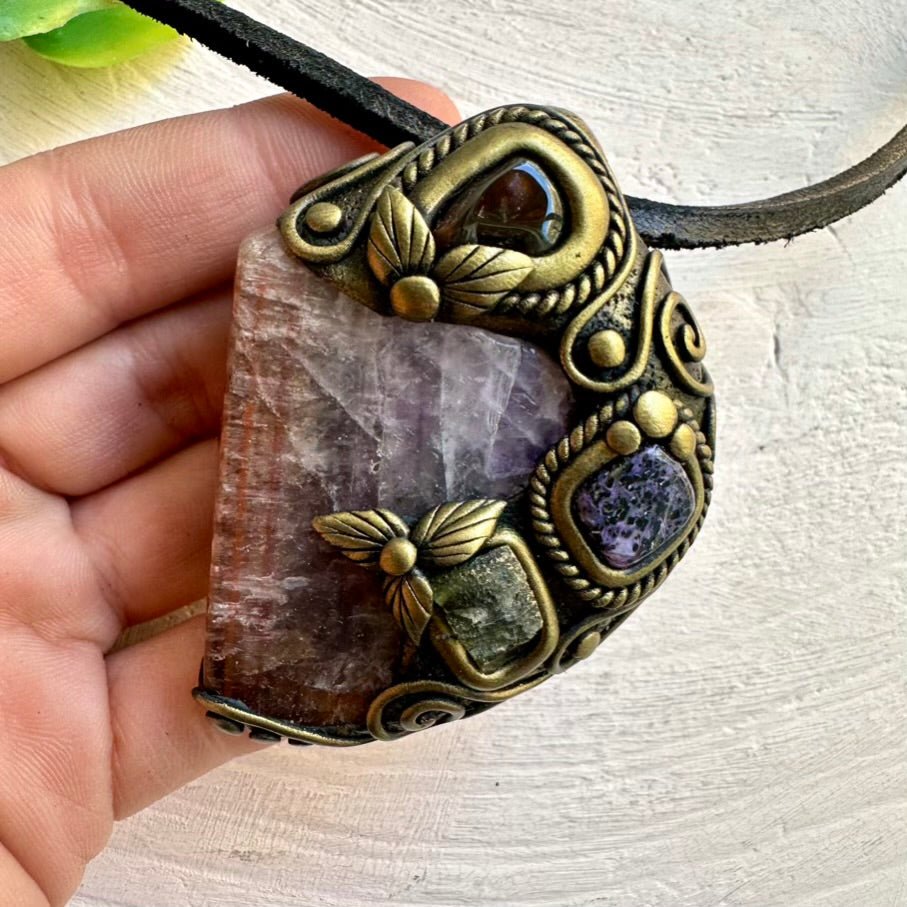 Super Seven Quartz, Moldavite, Charoite and Fire Agate Wearable Wand / Healing Crystal Pendant - FairyGardenGlow