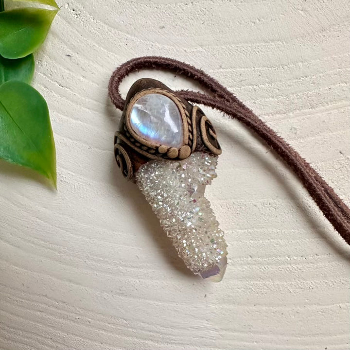 Unique gemstone necklace with Angel Aura Spirit Quartz and Rainbow Moonstone