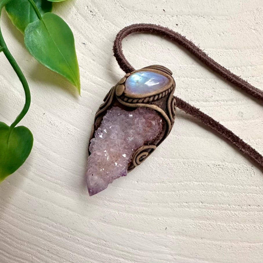 Boho-style pendant with Spirit Quartz and Moonstone crystals