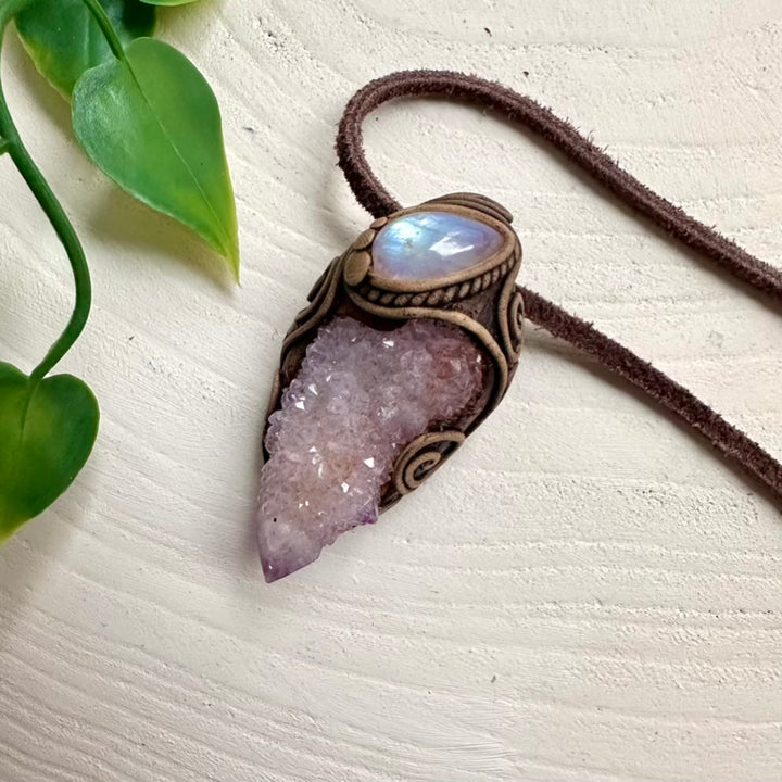 Boho-style pendant with Spirit Quartz and Moonstone crystals
