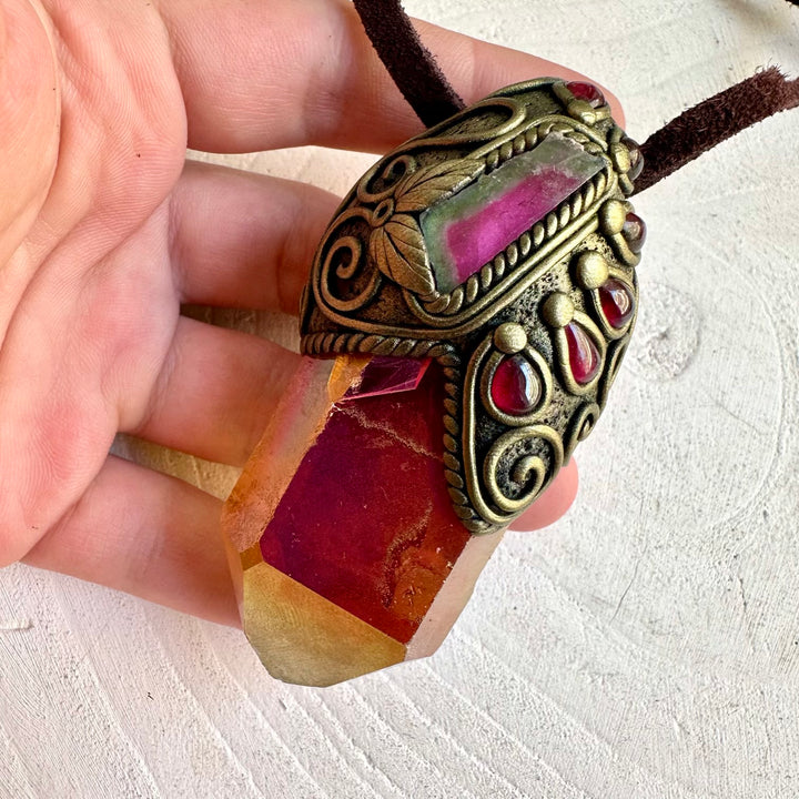 One of a kind crystal necklace featuring glowing Sunset Aura Quartz and colorful Watermelon Tourmaline.