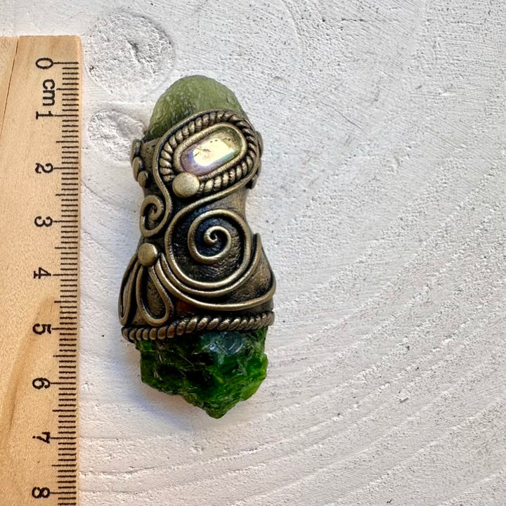Handmade spiritual energy tool necklace with ethically sourced Chrome Diopside, rare raw Moldavite and soothing bi-color Tourmaline amulet.