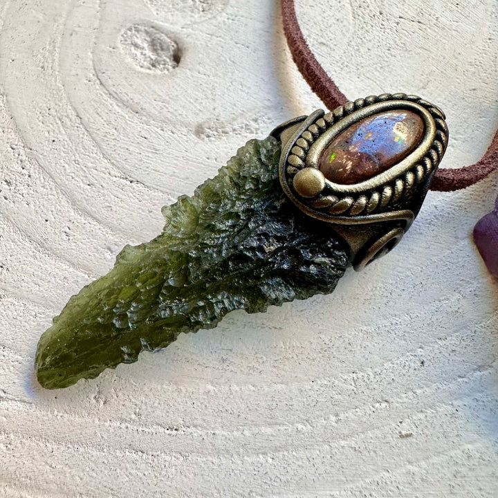 Protective cosmic-green raw Moldavite crystal with Australian Boulder Opal fire flash, artisan handmade unisex spiritual amulet necklace.