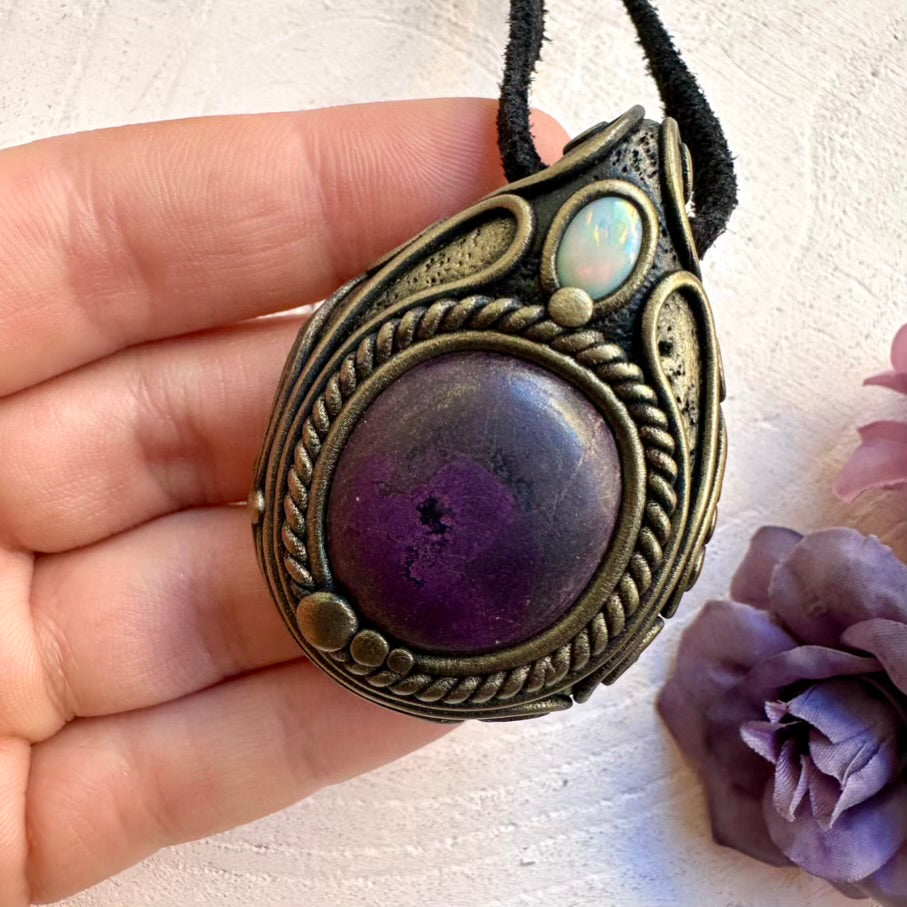 Deep-purple Purpurite crystal combined with natural Australian Opal fire flash, one-of-a-kind artisan spiritual amulet necklace.