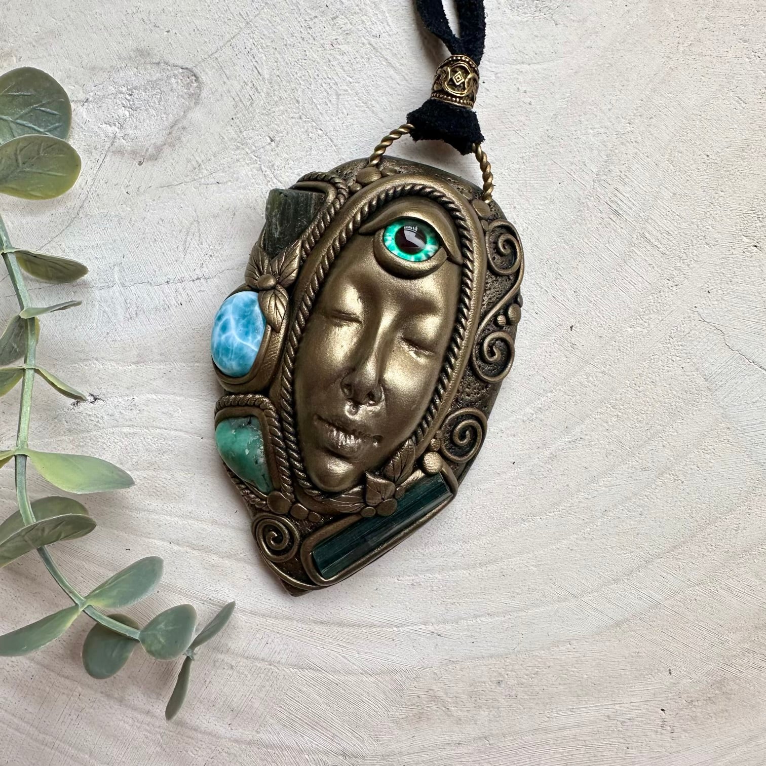 One of a kind goddess necklace with moldavite crystal and blue tourmaline