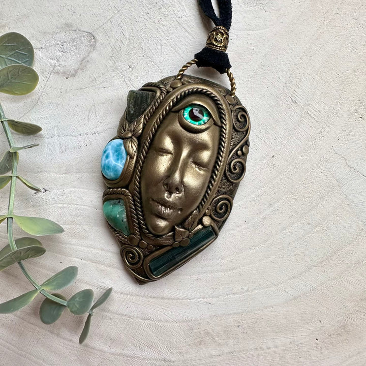 One of a kind goddess necklace with moldavite crystal and blue tourmaline