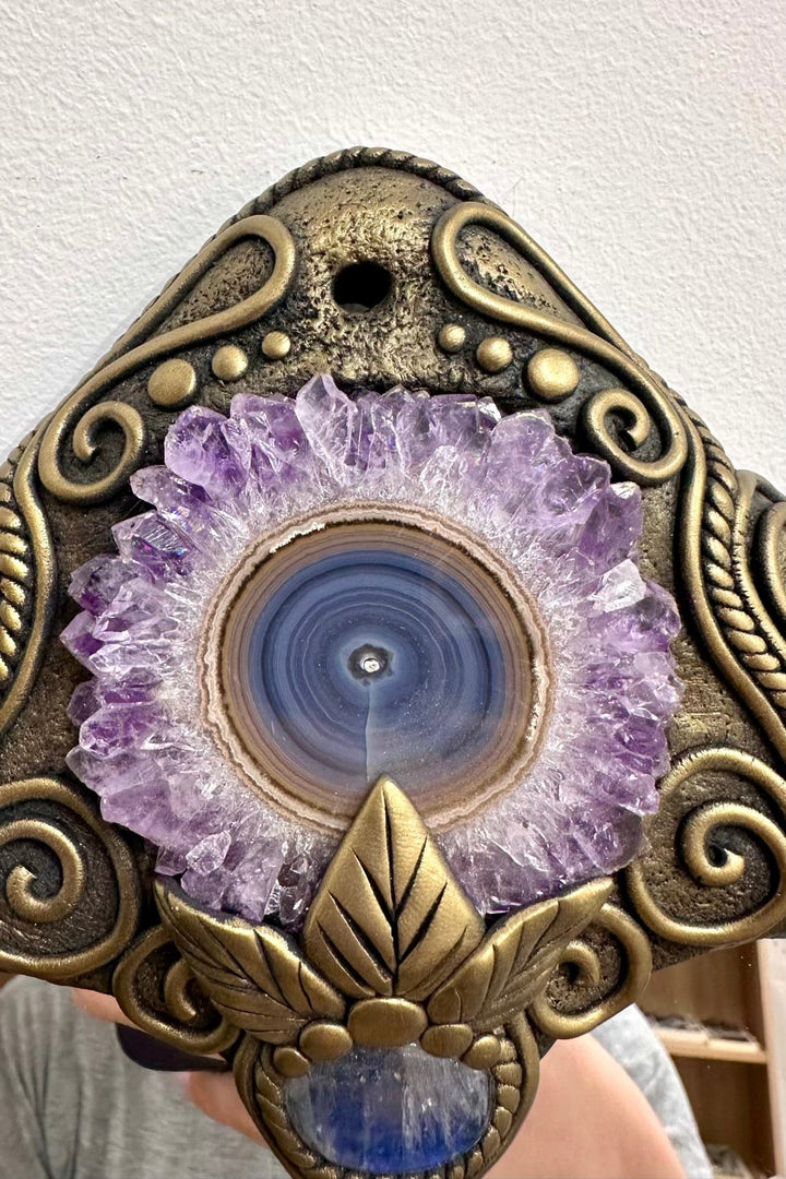 Healing crystal wall mirror with Amethyst, Rose Quartz and Labradorite, handmade gemstone home decor.