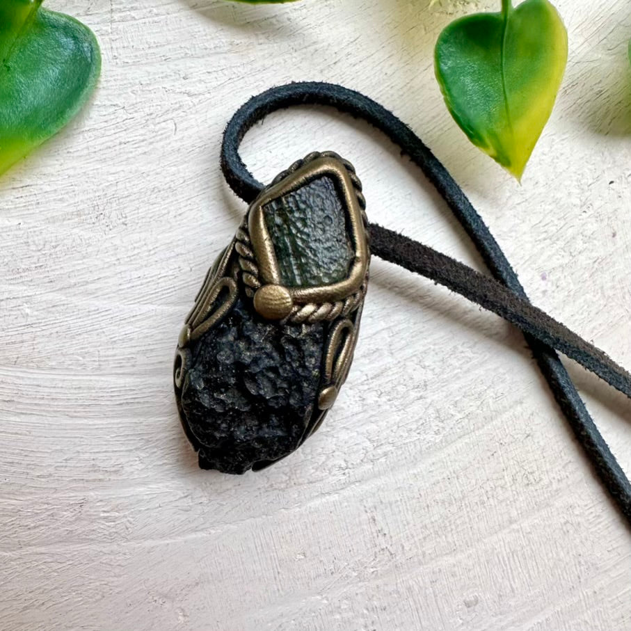 spiritual Black Tektite pendant with genuine Moldavite crystal
