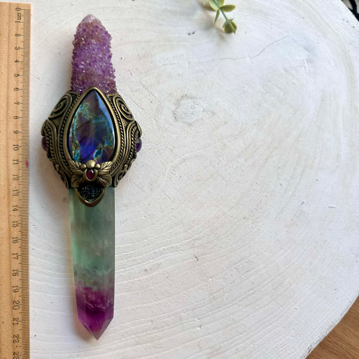 Unique healing crystal wand made with Amethyst and Rhodolite Garnet natural high energy crystals.