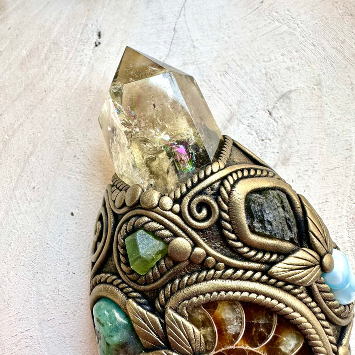 Handmade Black Obsidian crystal wand featuring Citrine, Ammonite, Emerald, Peridot, Moldavite and Larimar, a one of a kind energy healing and ritual tool designed for protection, manifestation, abundance, spiritual awakening and emotional balance.