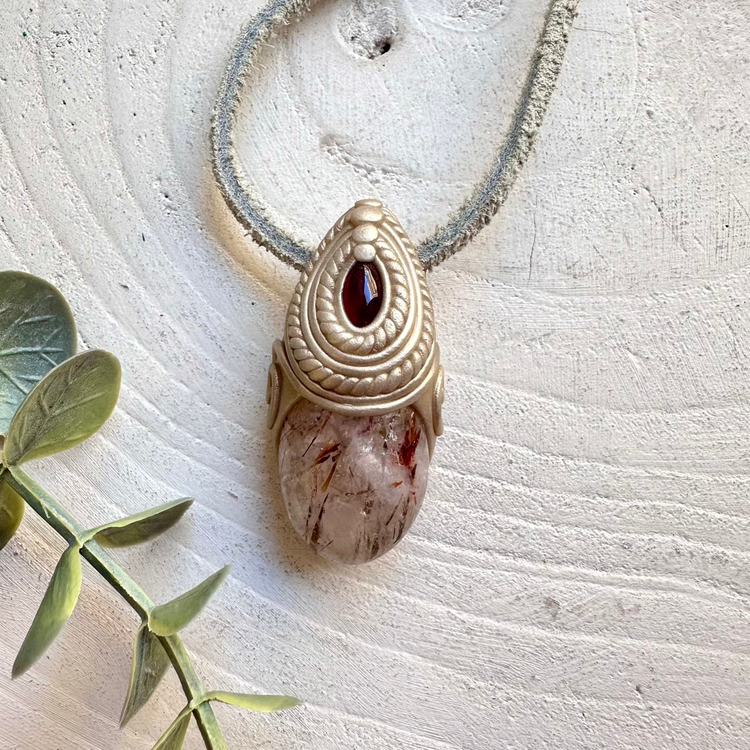 Raw gemstone necklace hematite quartz rhodolite garnet healing crystal jewelry