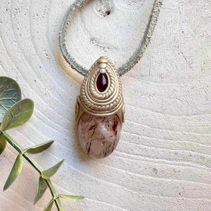 Raw gemstone necklace hematite quartz rhodolite garnet healing crystal jewelry