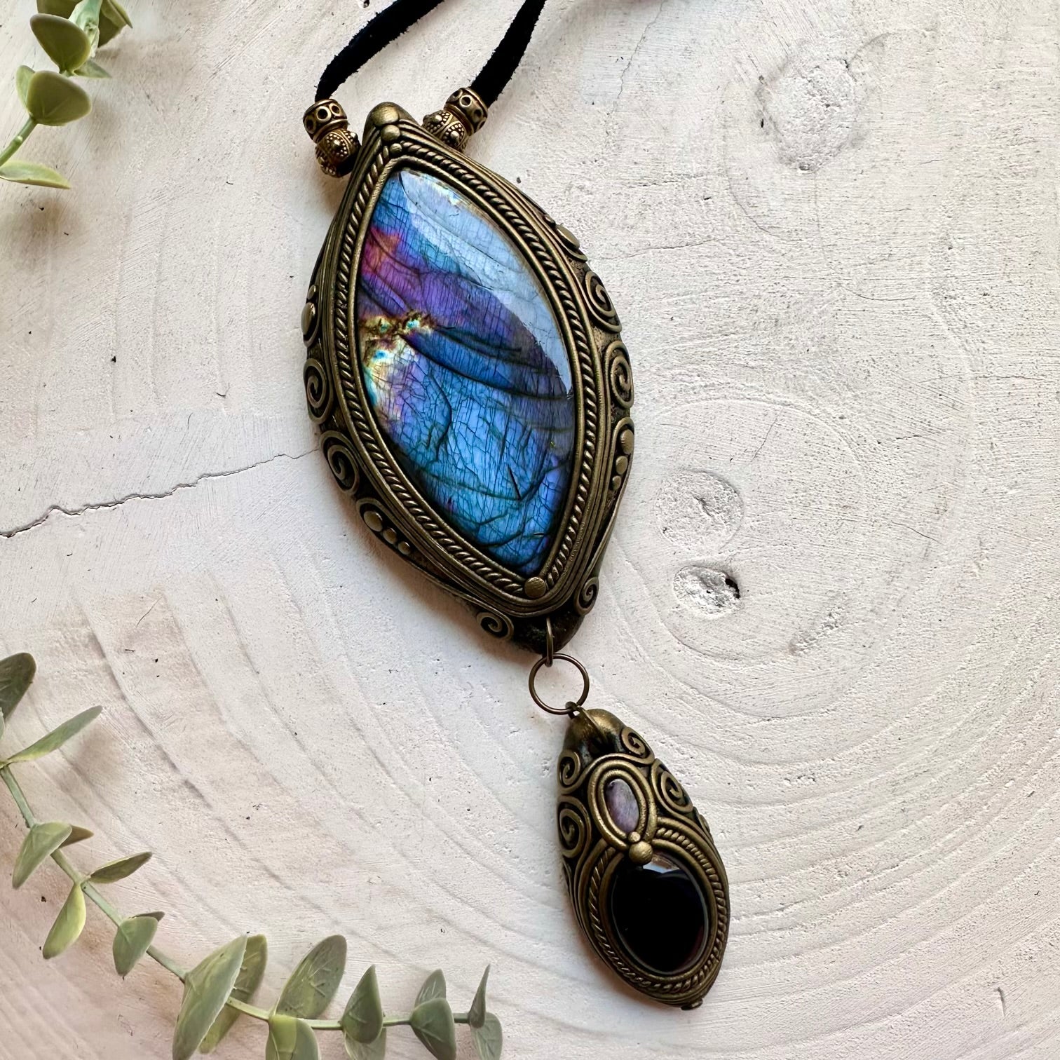 Large Labradorite statement necklace handcrafted with Amethyst and Boulder Opal natural gemstones.