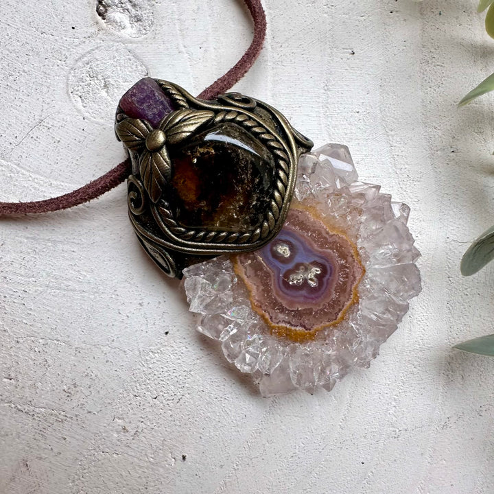 One of a kind necklace with amethyst stalactite citrine and ruby crystals