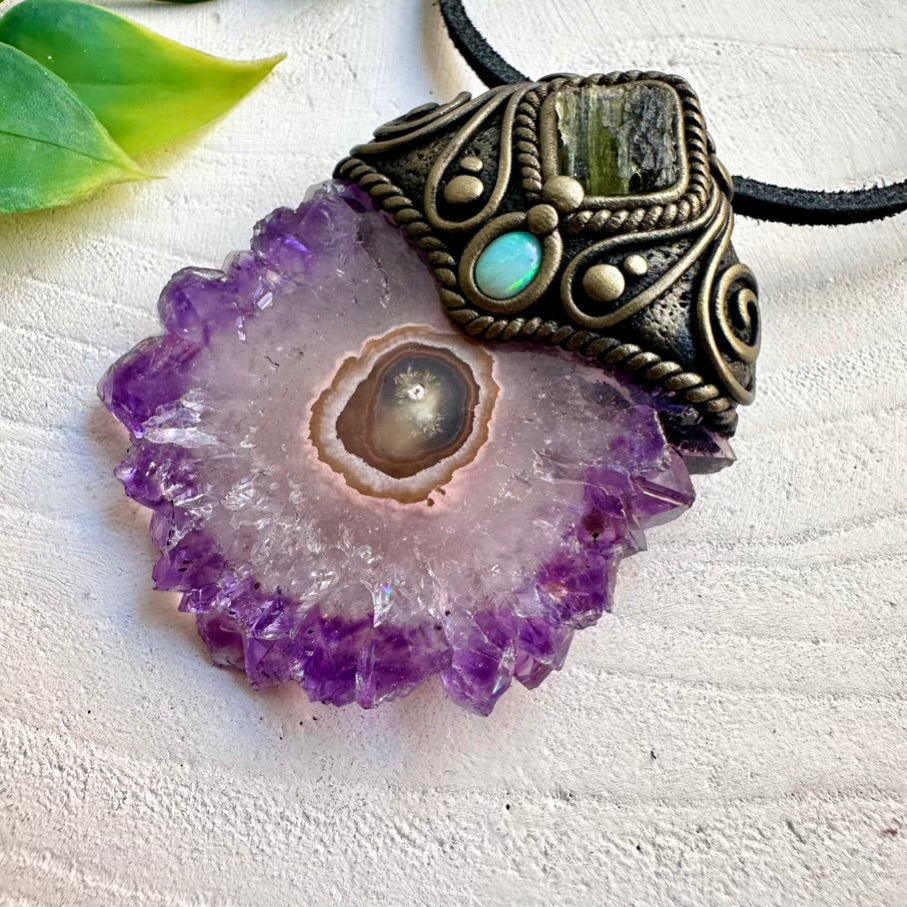 Statement crystal pendant with Amethyst Stalactite, Moldavite and Australian Opal