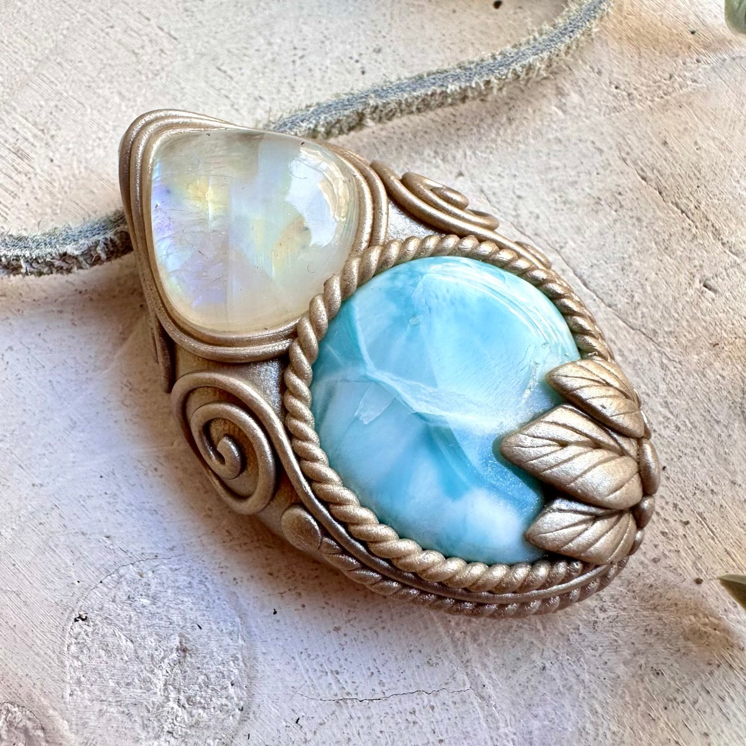 Protection amulet crystal necklace larimar and rainbow moonstone stones