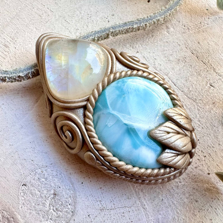 Protection amulet crystal necklace larimar and rainbow moonstone stones