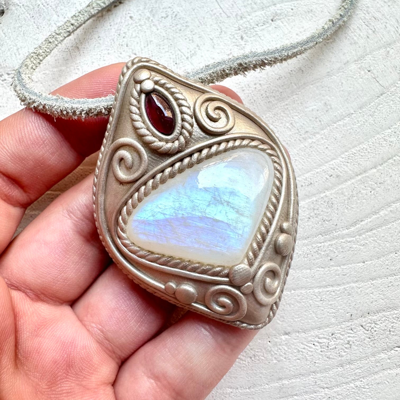 Raw gemstone necklace rainbow moonstone garnet healing crystal jewelry