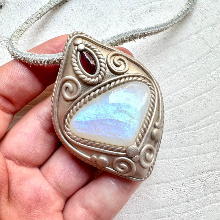 Raw gemstone necklace rainbow moonstone garnet healing crystal jewelry