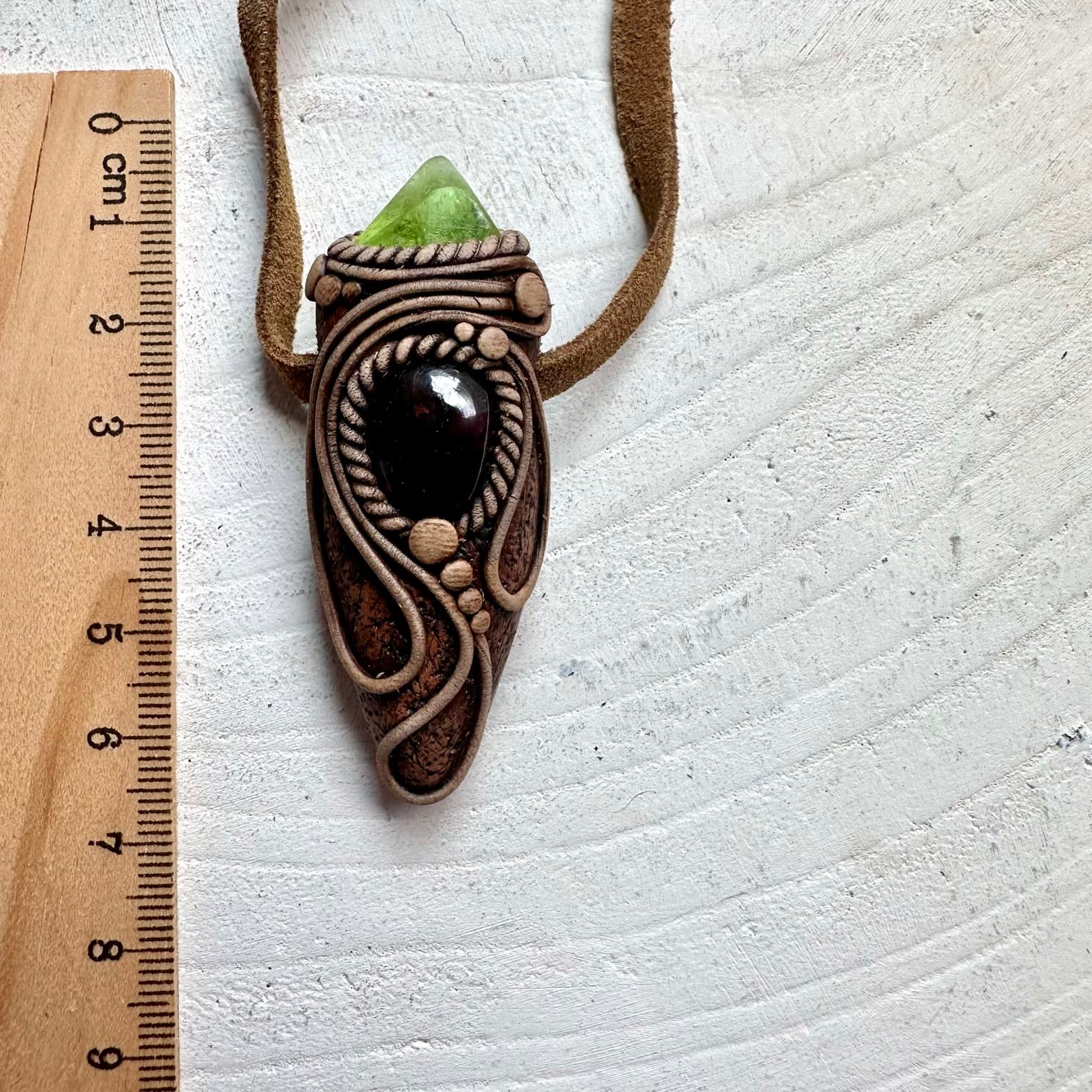 Protection amulet crystal necklace with red garnet and peridot gemstones