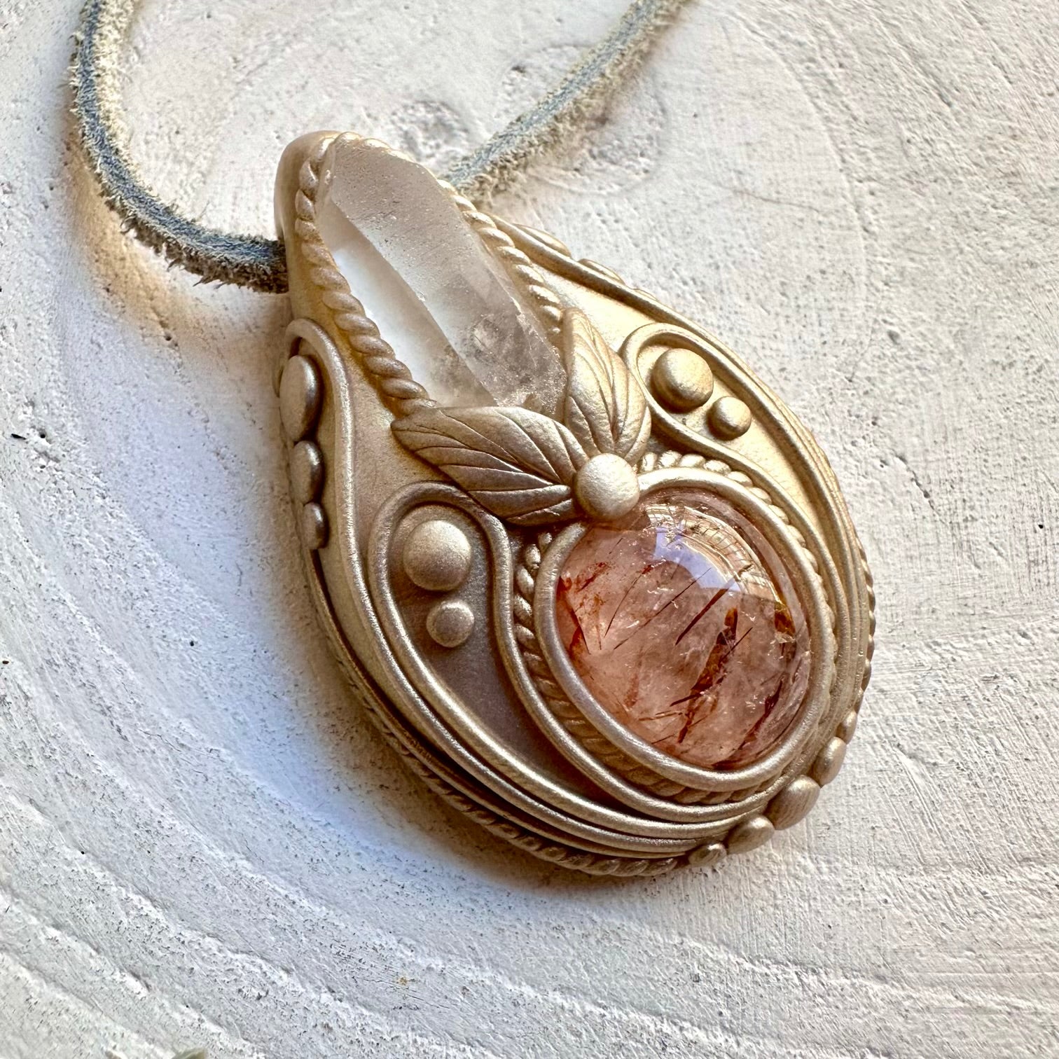 Handmade gemstone necklace Lemurian Seed Quartz and Hematite Quartz spiritual jewelry