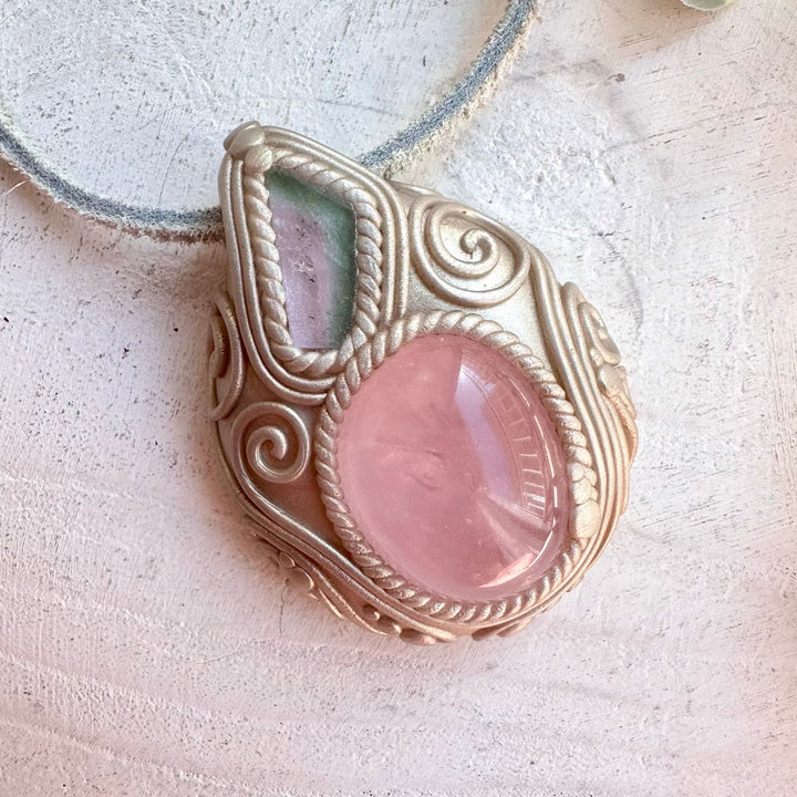 Handmade unique gemstone necklace with rose quartz and watermelon tourmaline