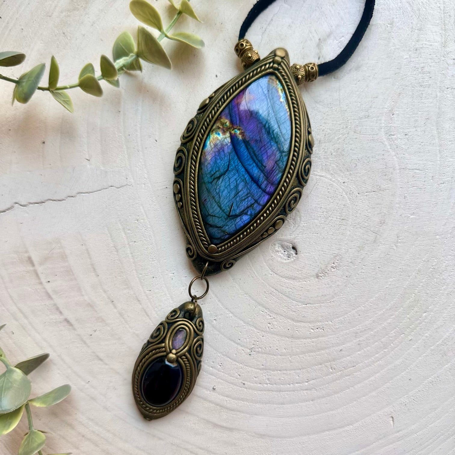Large Labradorite statement necklace handcrafted with Amethyst and Boulder Opal natural crystals.
