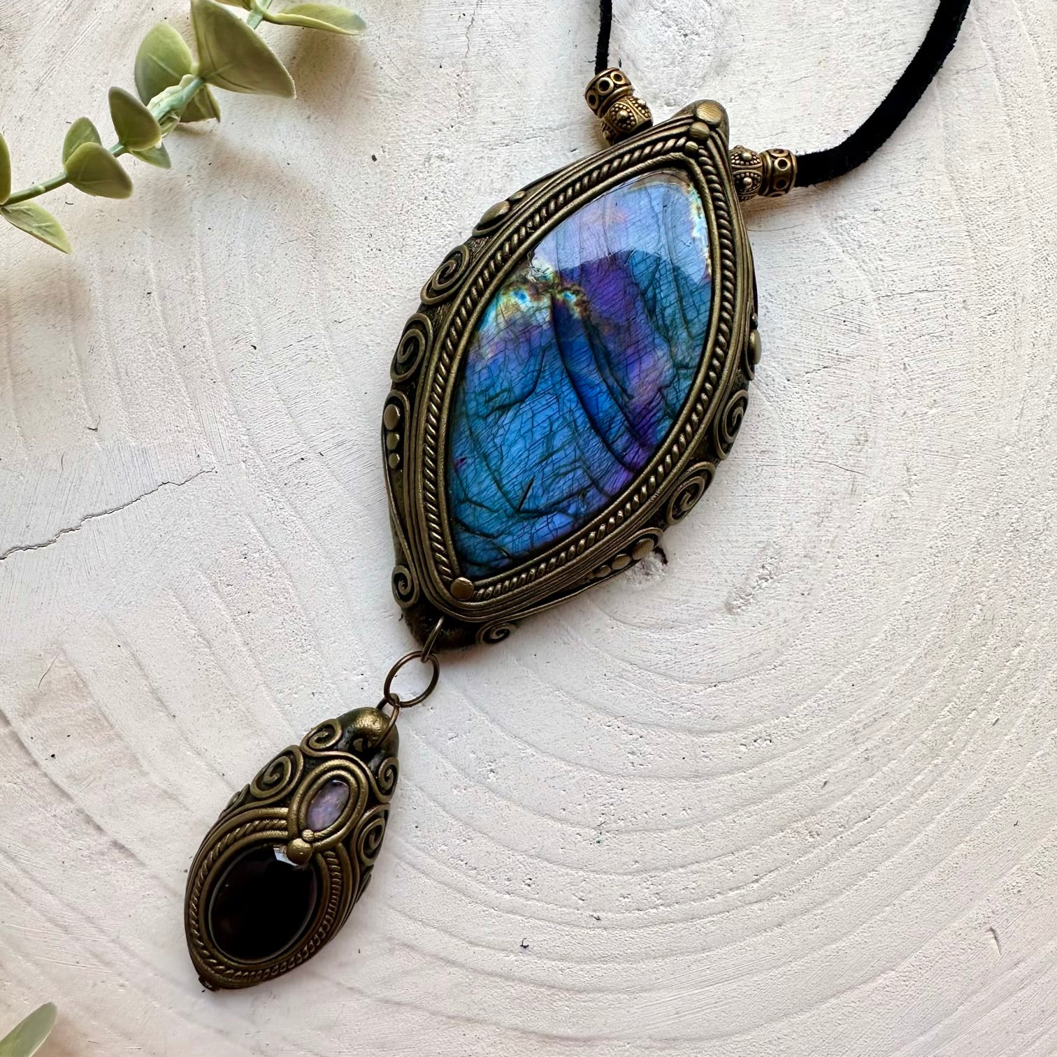 Premium gemstone necklace showcasing a gorgeous Labradorite with Amethyst and Boulder Opal.