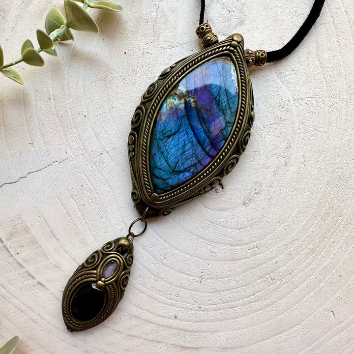 Premium gemstone necklace showcasing a gorgeous Labradorite with Amethyst and Boulder Opal.