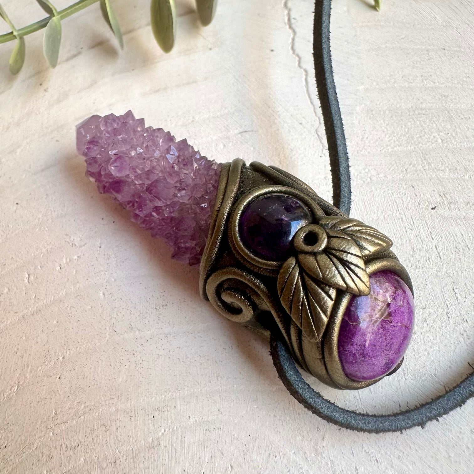 Unique artisan pendant crafted with Deep Purple Spirit Quartz, Stichtite and Amethyst.