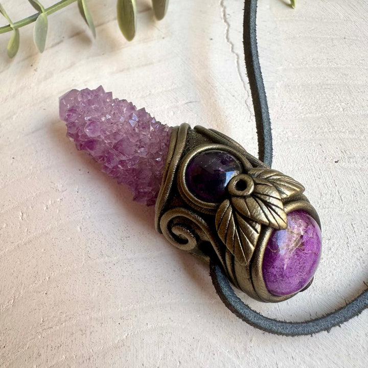 Unique artisan pendant crafted with Deep Purple Spirit Quartz, Stichtite and Amethyst.
