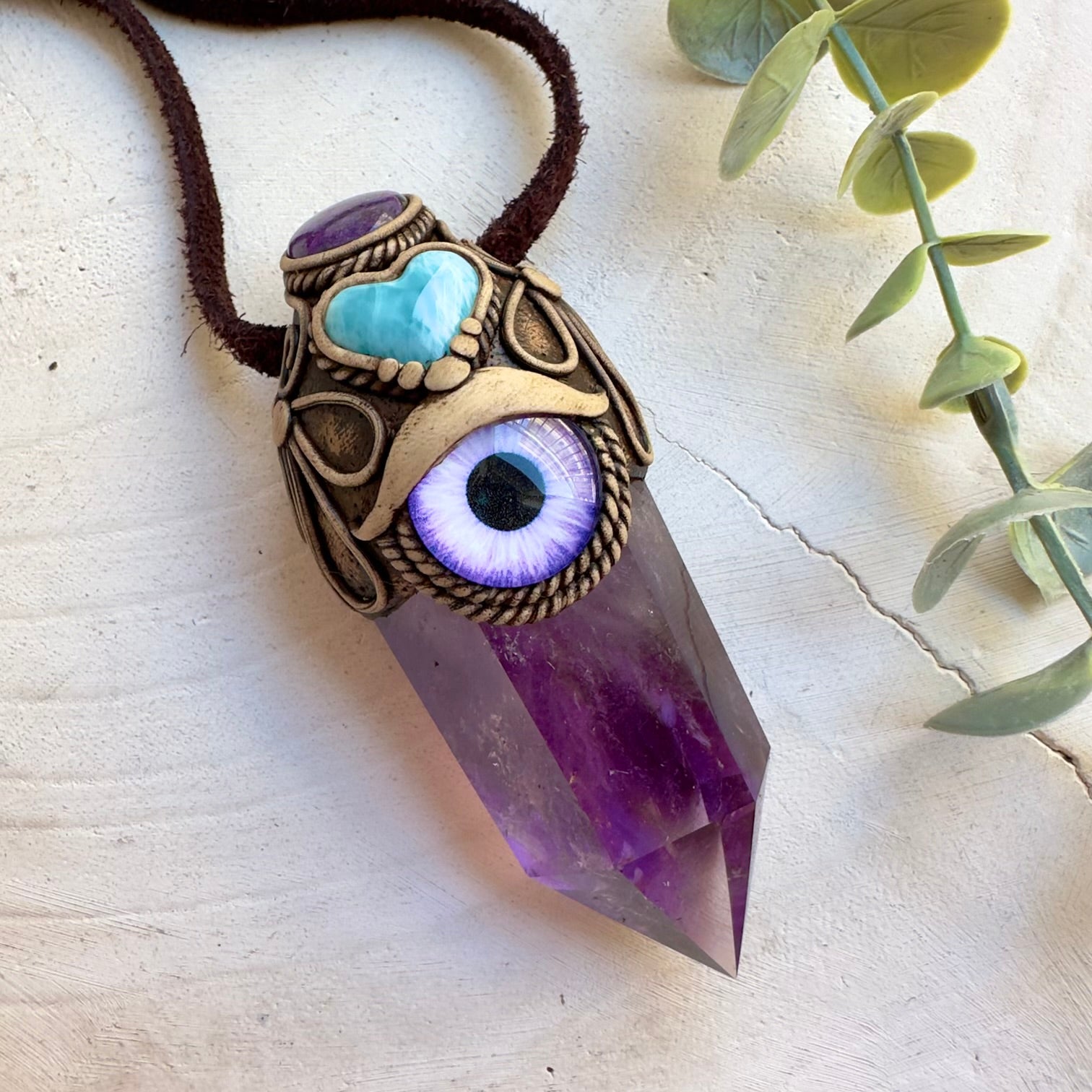 Protection amulet wand necklace with Larimar heart pendant