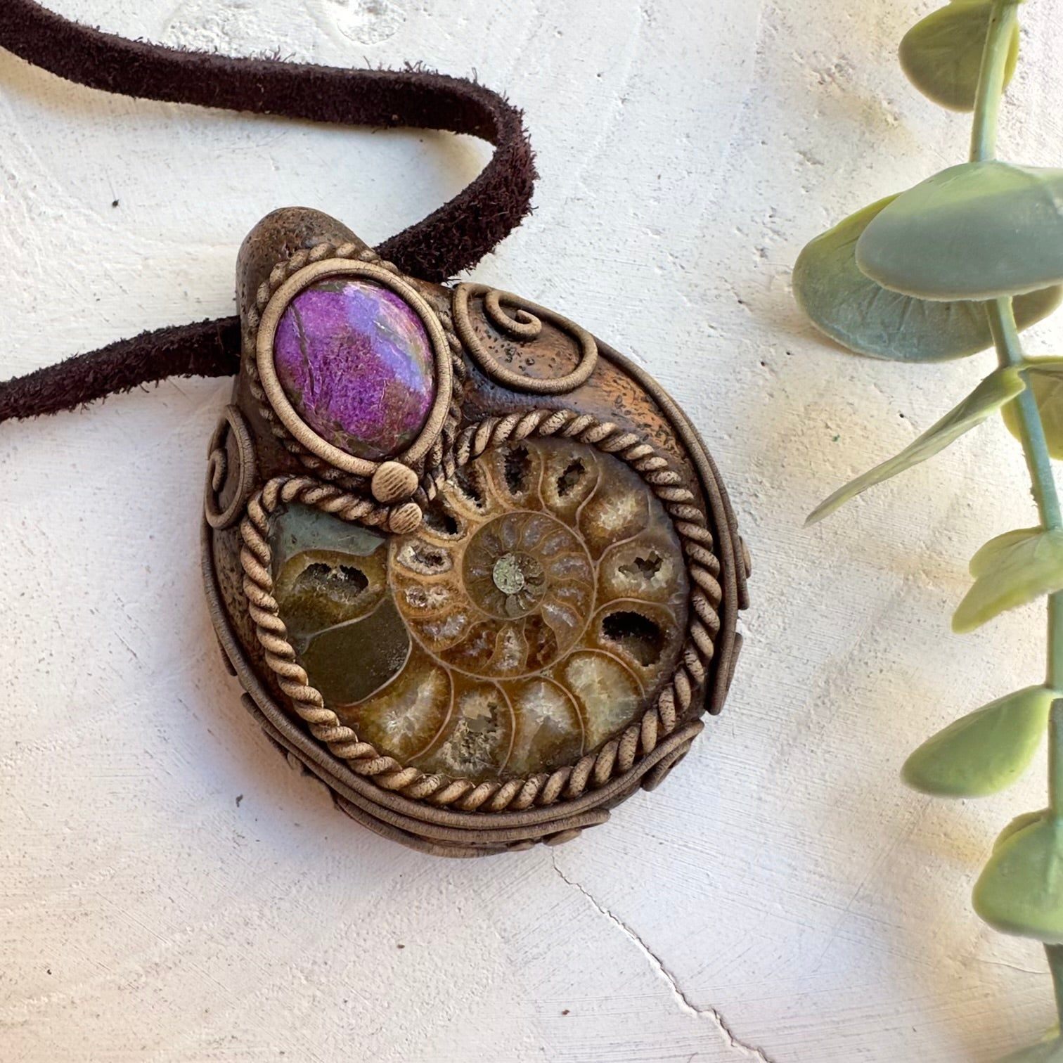 Handmade crystal necklace with ammonite and stichtite gemstones