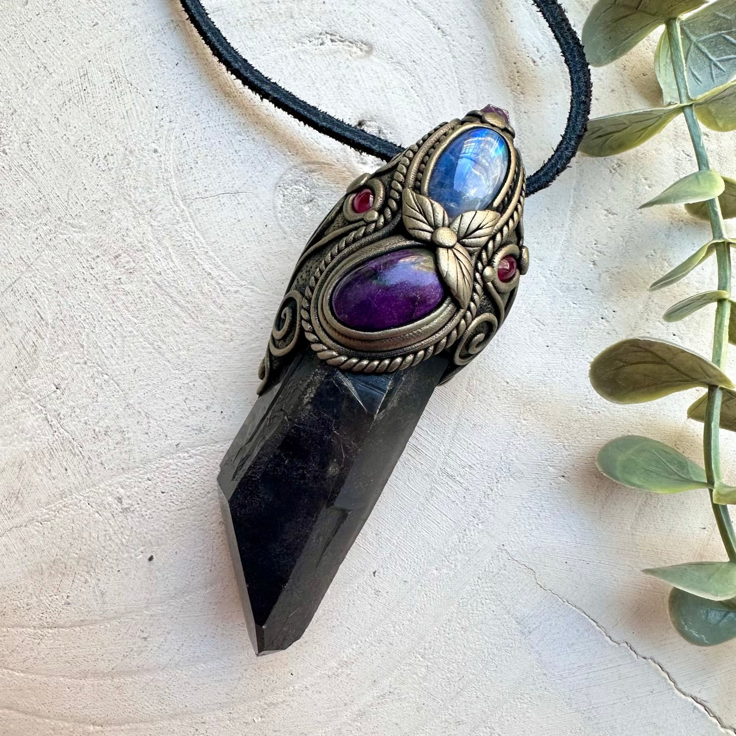 Ruby rainbow moonstone crystal pendant necklace