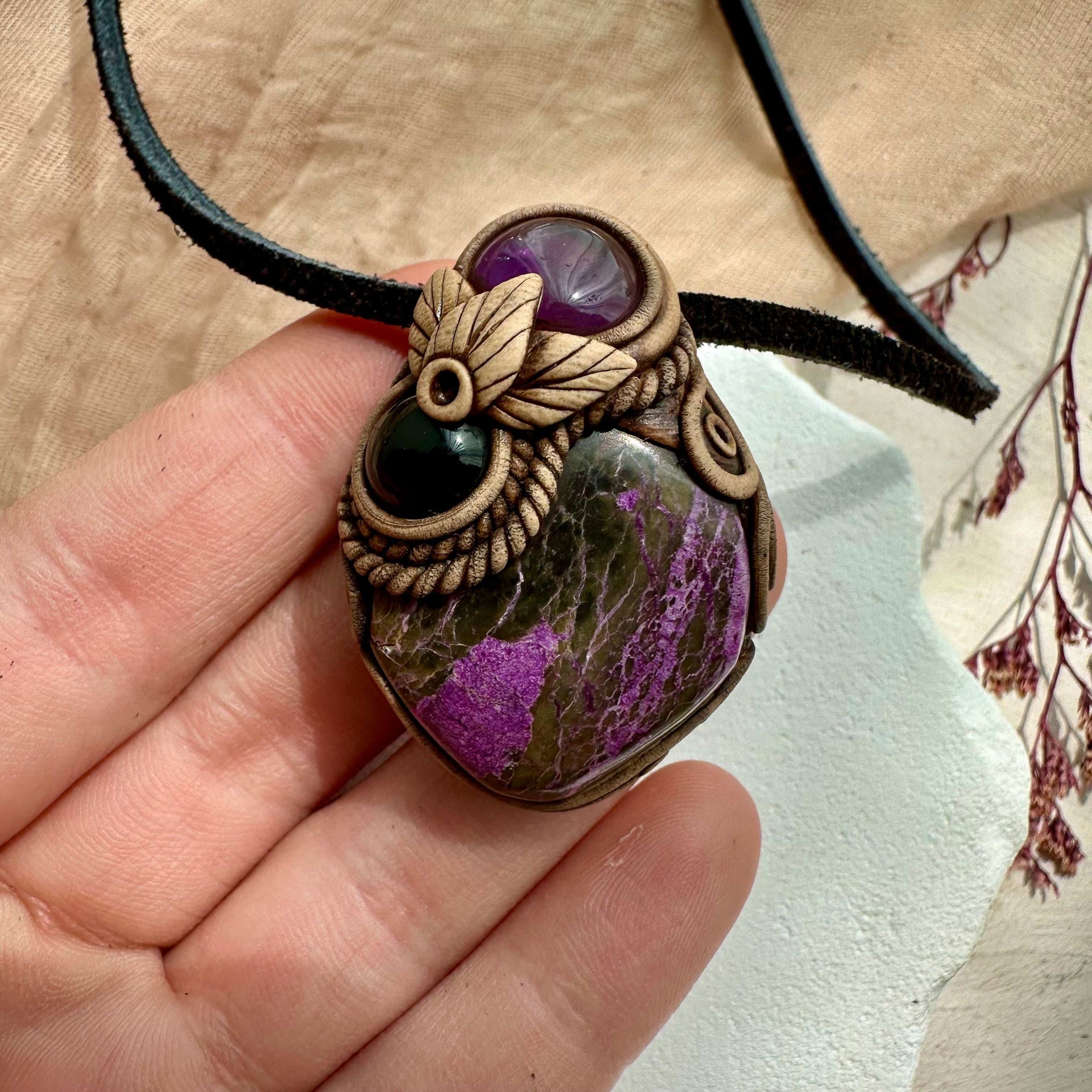 Stichtite Amethyst and Onyx Necklace - FairyGardenGlow