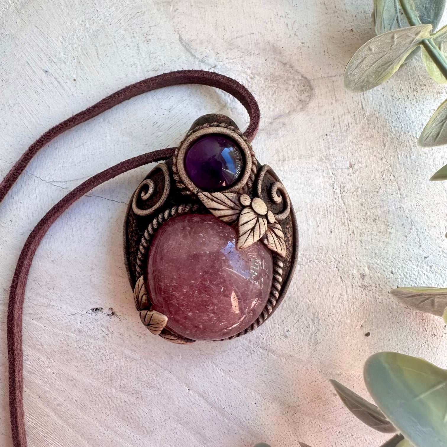Strawberry Quartz and Amethyst pendant necklace handmade with natural gemstones