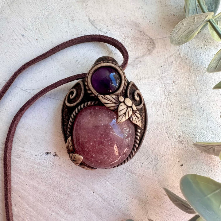 Strawberry Quartz and Amethyst pendant necklace handmade with natural gemstones