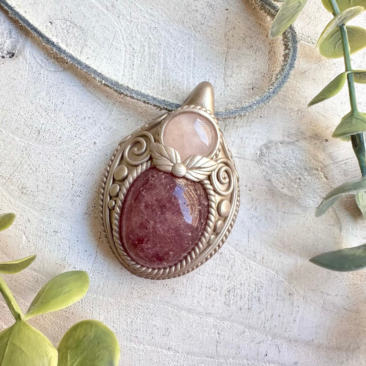 Crystal talisman necklace with strawberry quartz and rose quartz healing stones