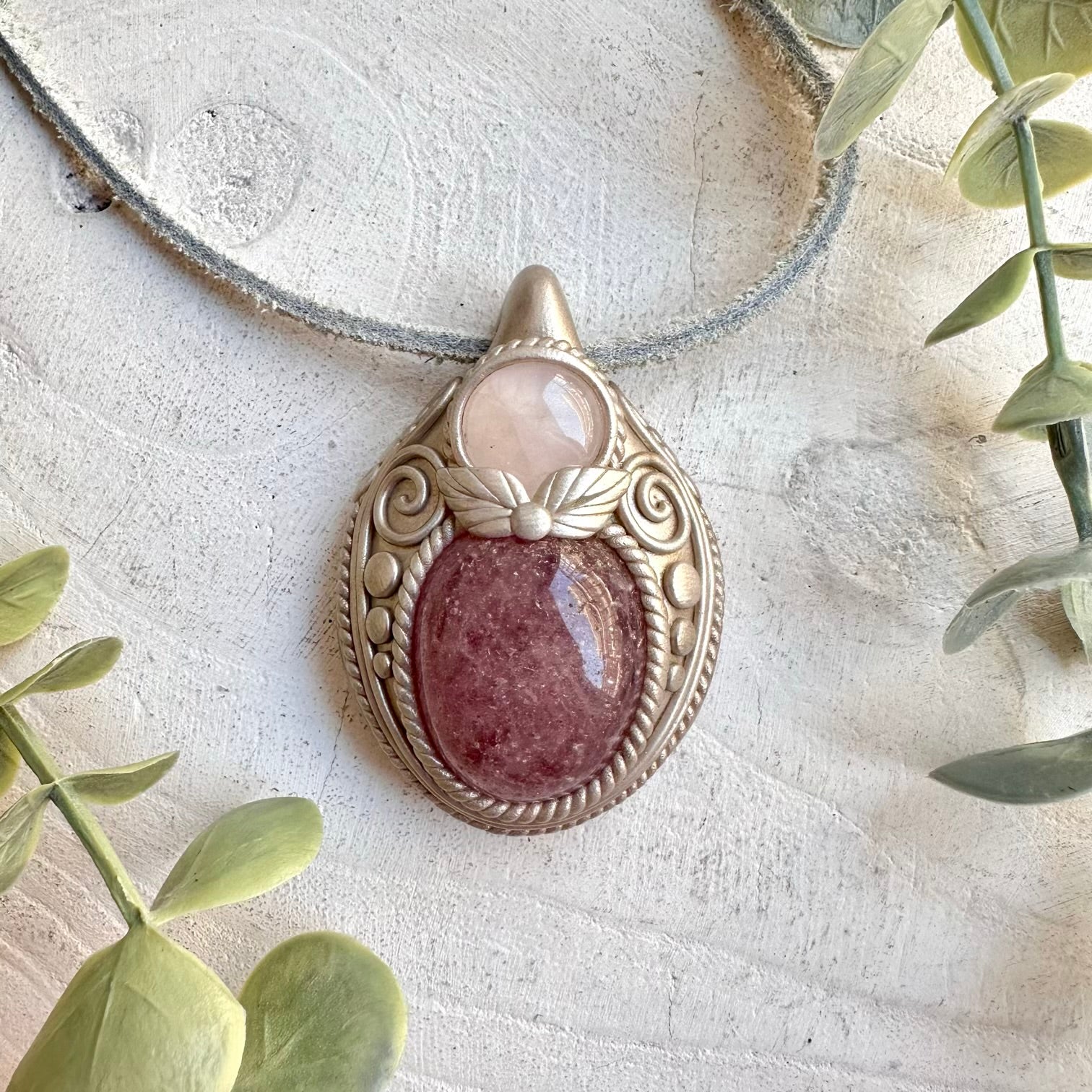 Strawberry Quartz and Rose Quartz pendant necklace handmade boho jewelry with natural gemstones