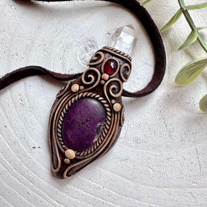 Handmade Sugilite with Clear Quartz and Rhodolite Garnet necklace featuring natural healing crystal gemstones