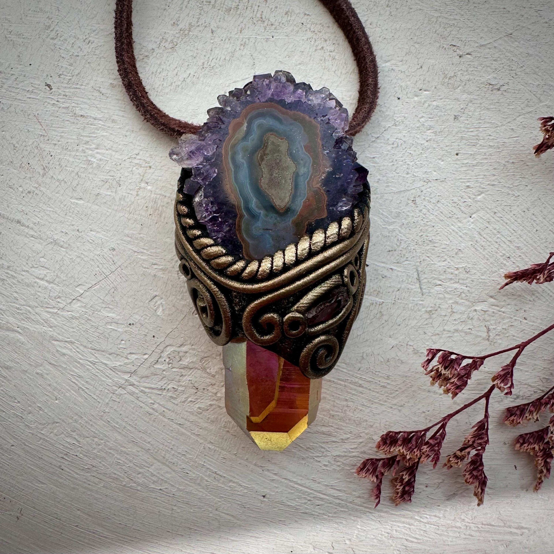 Sunset Aura Quartz Amethyst Stalactite and Rhodolite Garnet Necklace - FairyGardenGlow