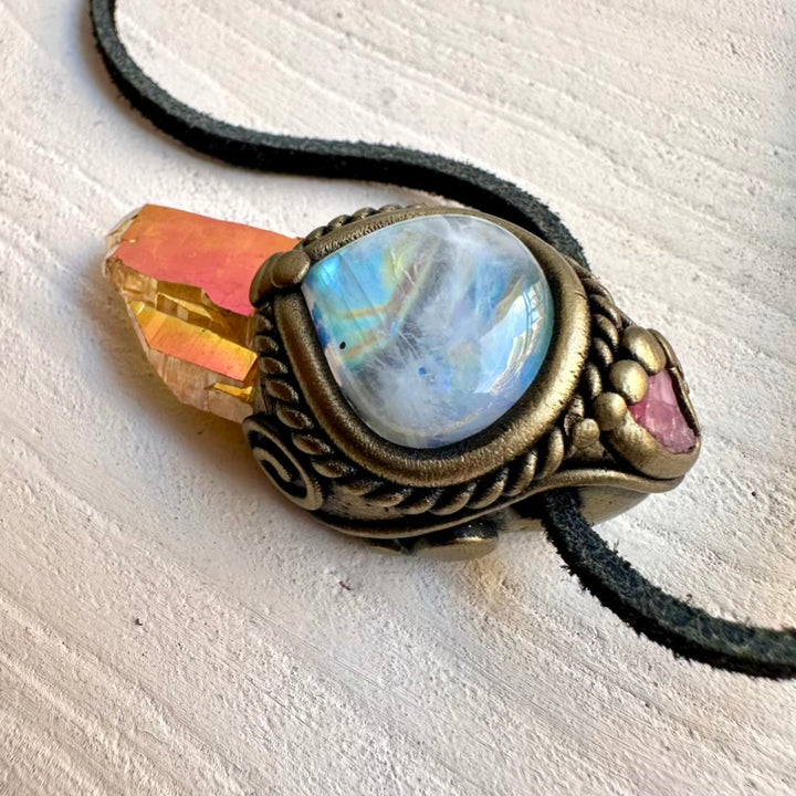 Healing crystal necklace with Sunset Aura Quartz, Moonstone and Spinel